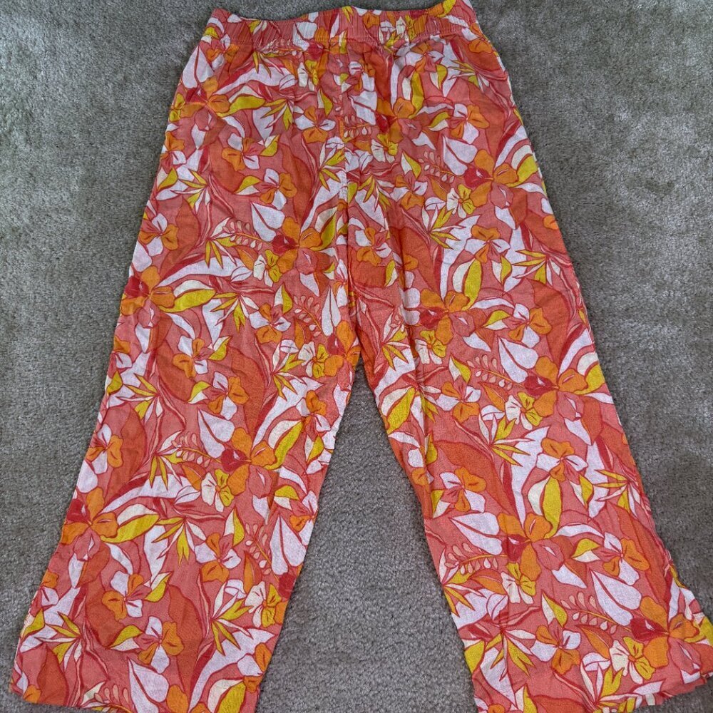 C&C California Linen Blend Sz L Wide Leg Cropped Colorful Floral Boho Pants E554 - Picture 5 of 11